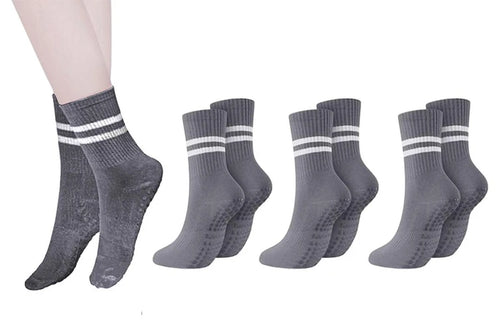 3 Pairs Yoga Socks Non-Slip Grips Anti-Skid Pilates Barre Dance Cushioned Socks-Grey